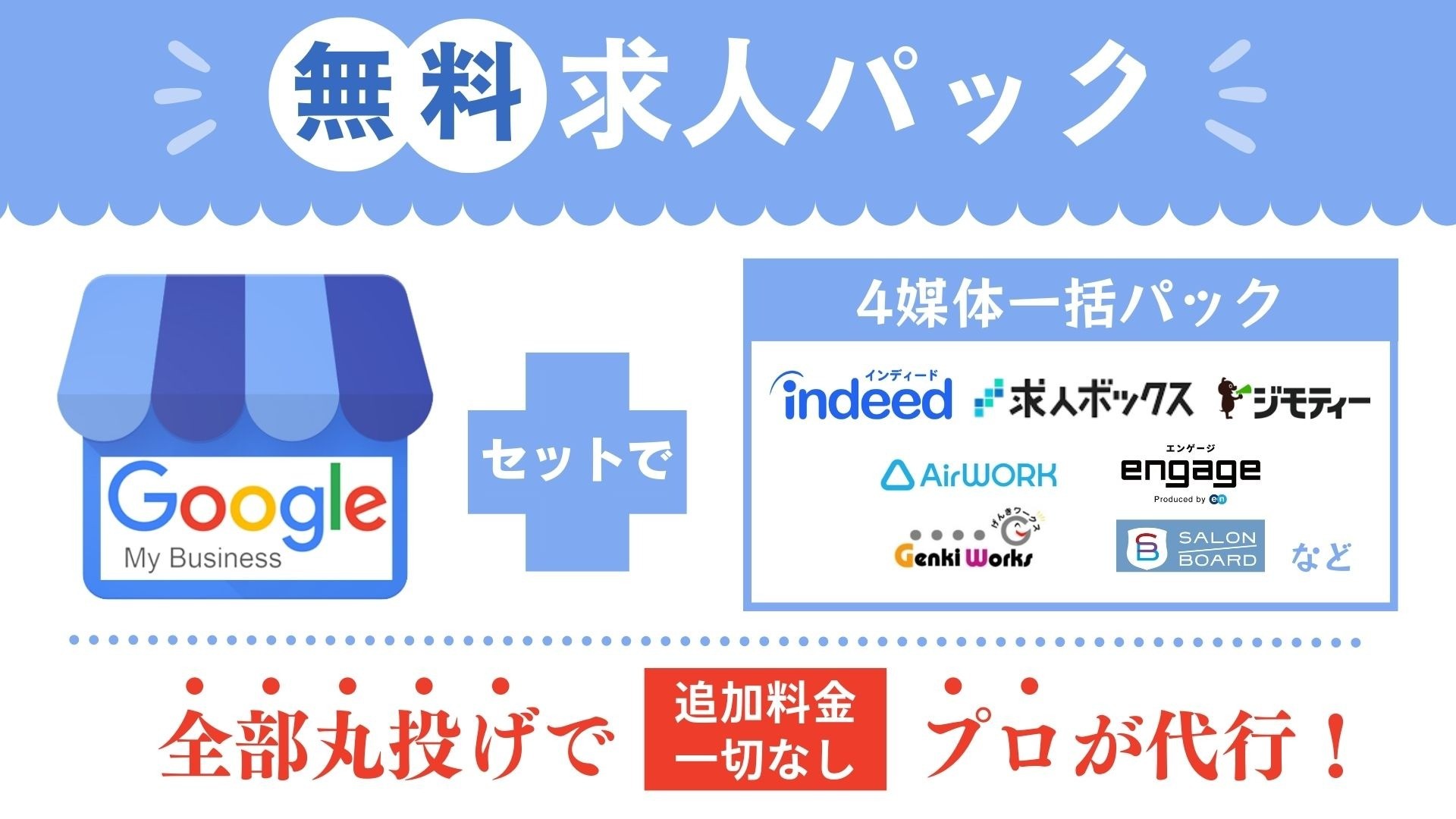 ハイグレード！無料求人パック（Indeed・求人ボックス・Googleお仕事検索・スタンバイ・Yahoo!仕事カタログ・エンゲージと連携可能。求人広告がずっと載り続けます。）
